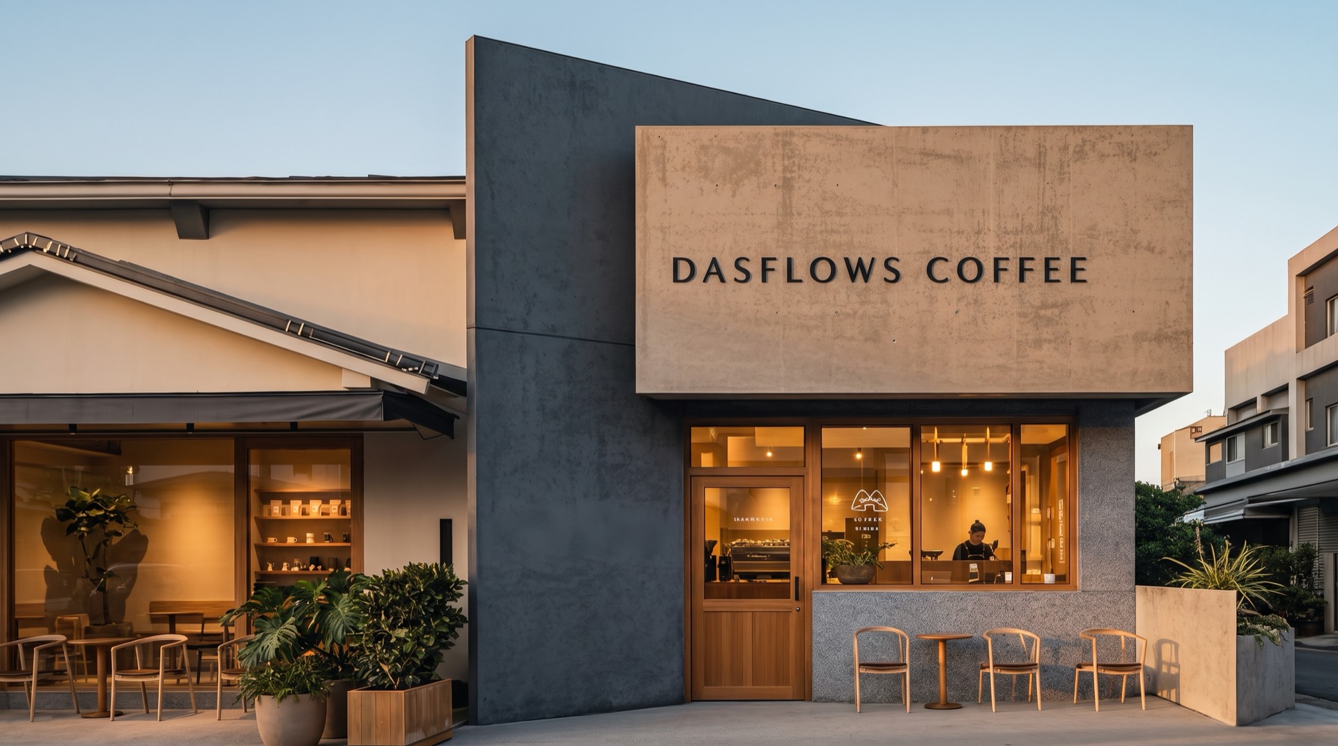 Fachada de DASFLOWS COFFEE al atardecer