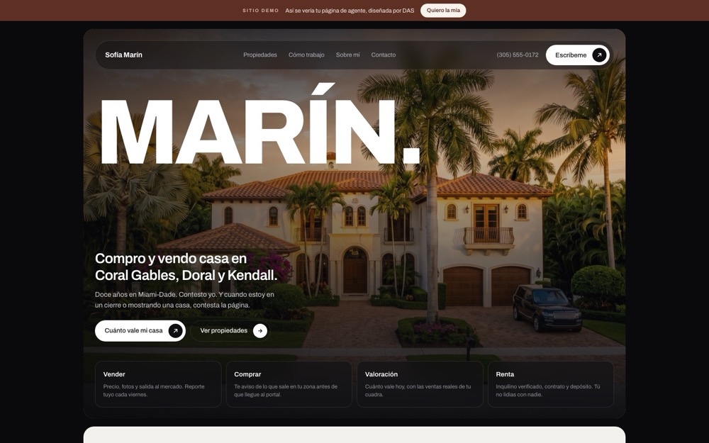 Demo de sitio para agente inmobiliario: Sofía Marín, Miami